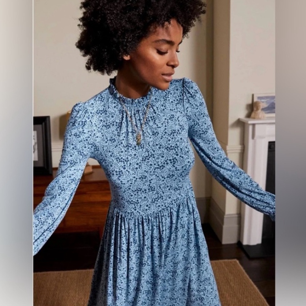 Boden Clara Jersey Knit Mini Dress High Neck size 10 blue